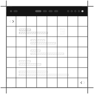 A dark screen with a grid displaying abstract lines of code and binary numbers.