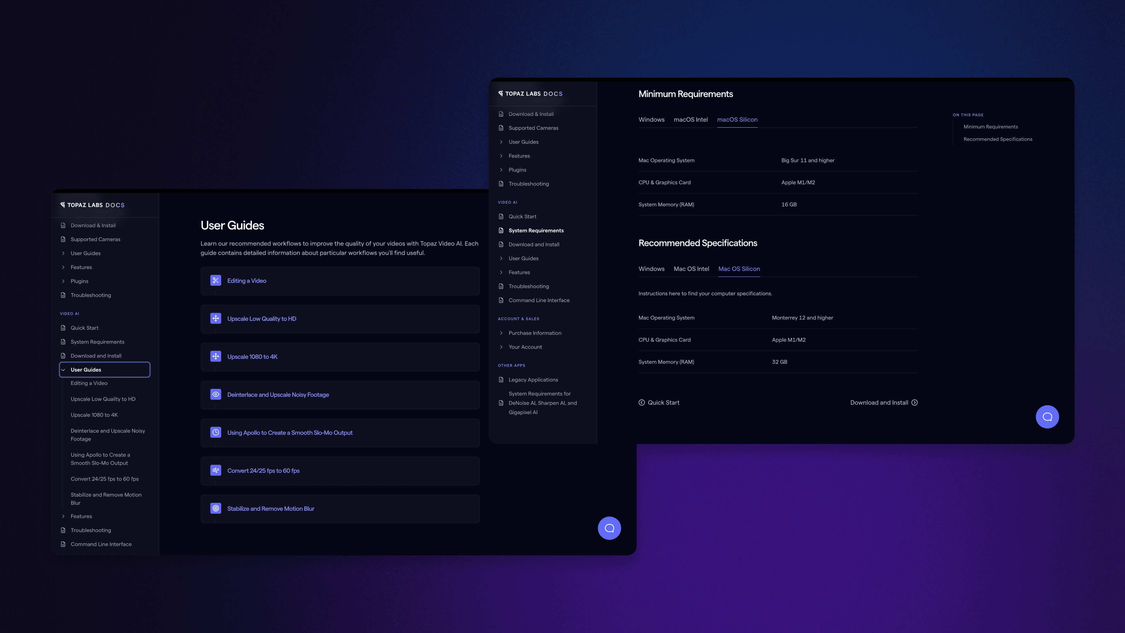 Two screens showcasing the user experience of navigating Topaz Labs documentation website