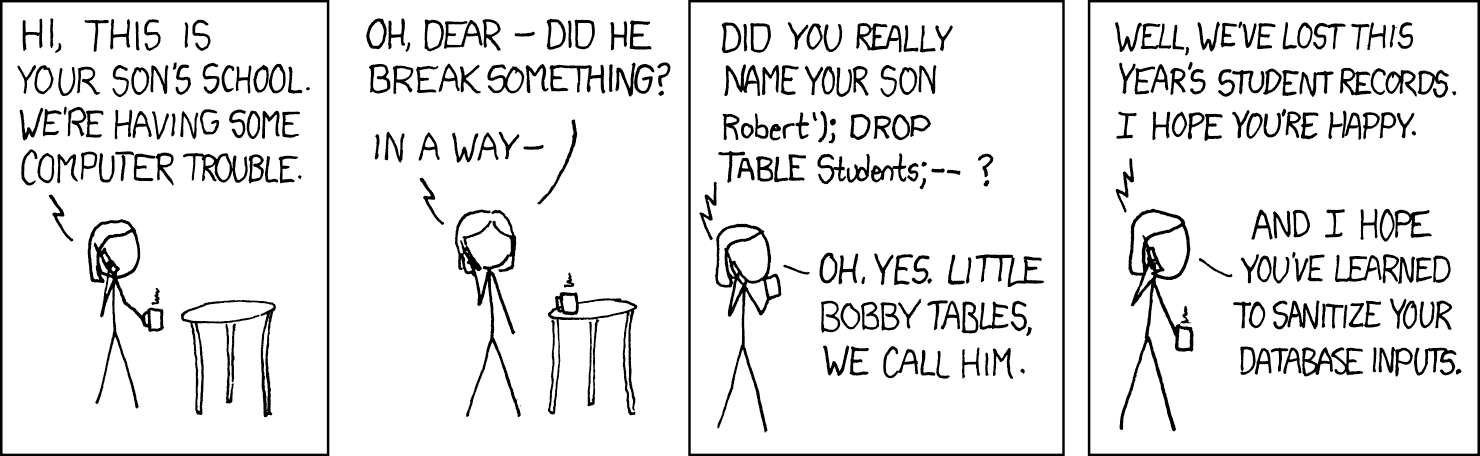 xkcd Exploits of a Mom comic about little Bobby Tables and SQL injection