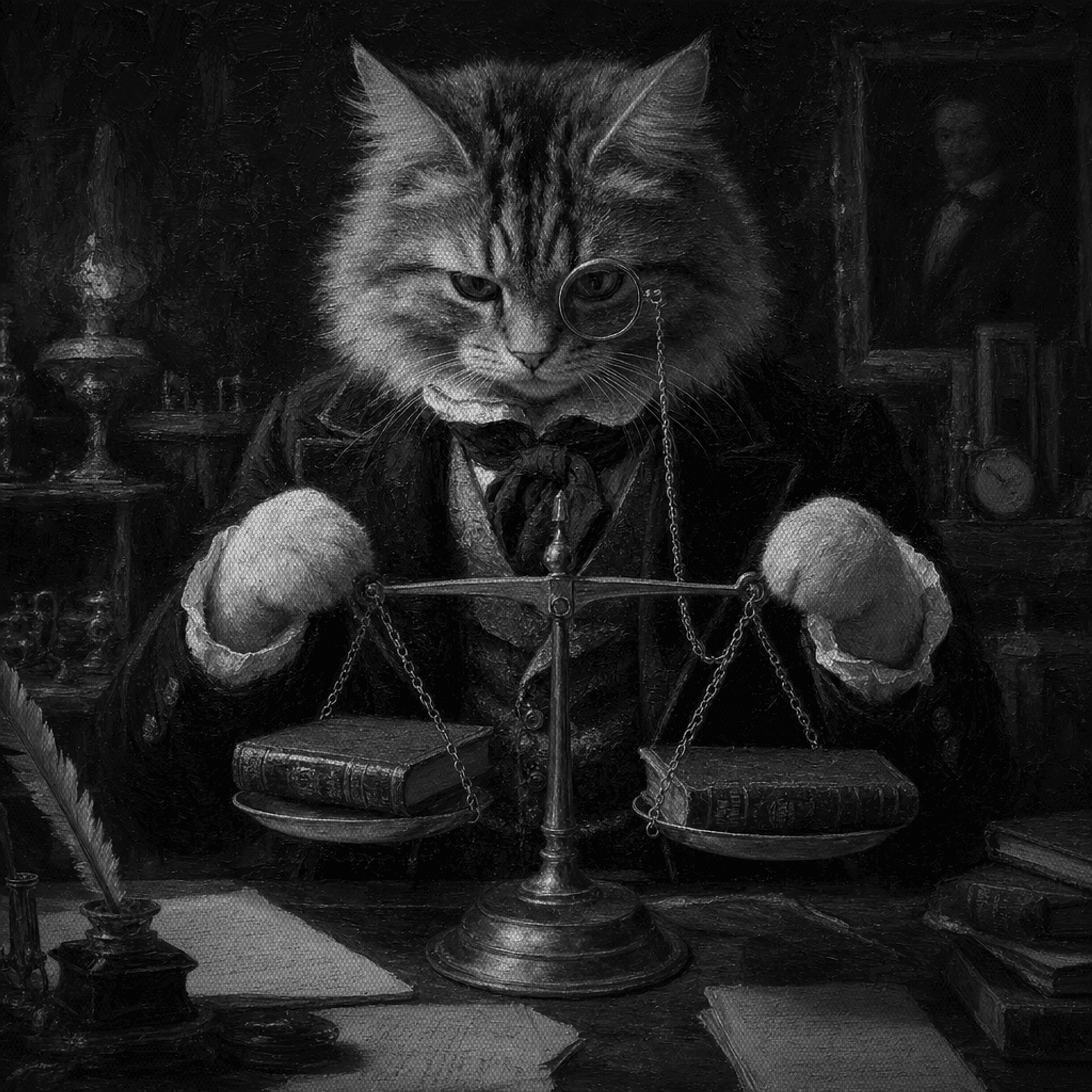 Monochrome halftone painting of a cat in a Victorian frock coat and monocle weighing two leather-bound ledgers on a brass balance scale at a writing desk