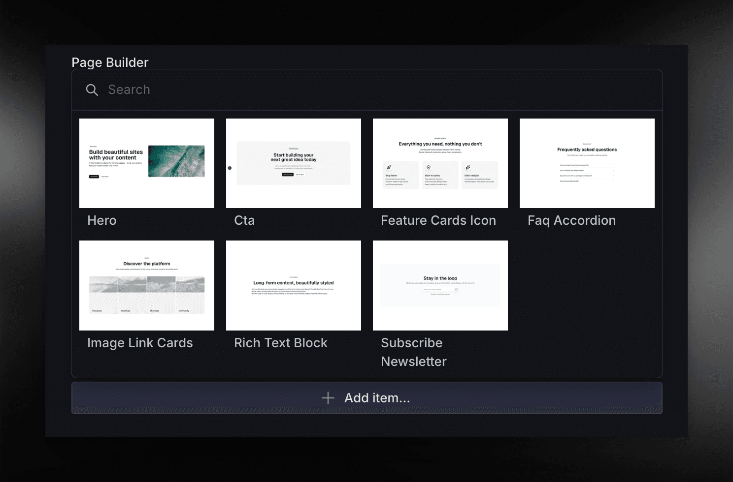Sanity page builder insertMenu showing polished thumbnails for each block type