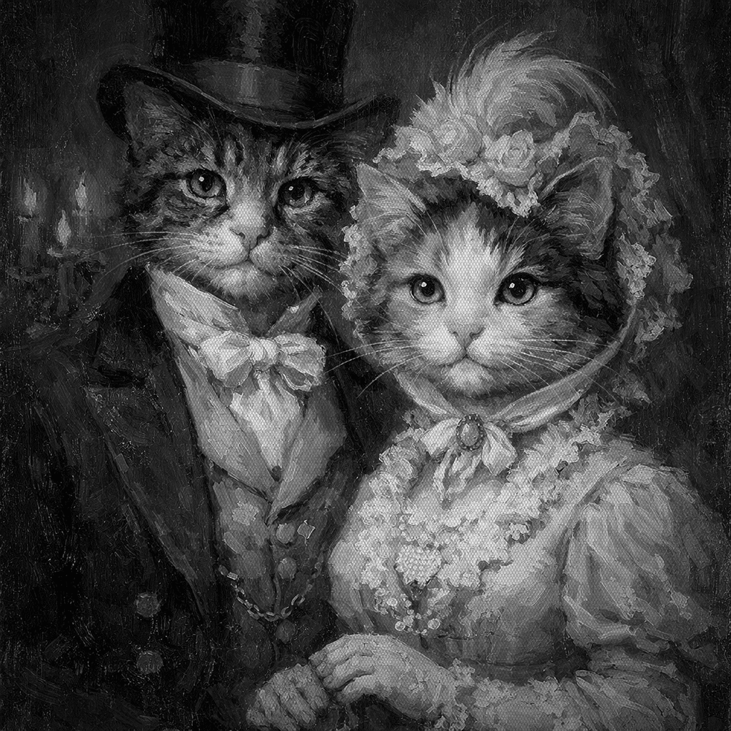 A Victorian couple of cats in Sunday best clothes posing for a portrait