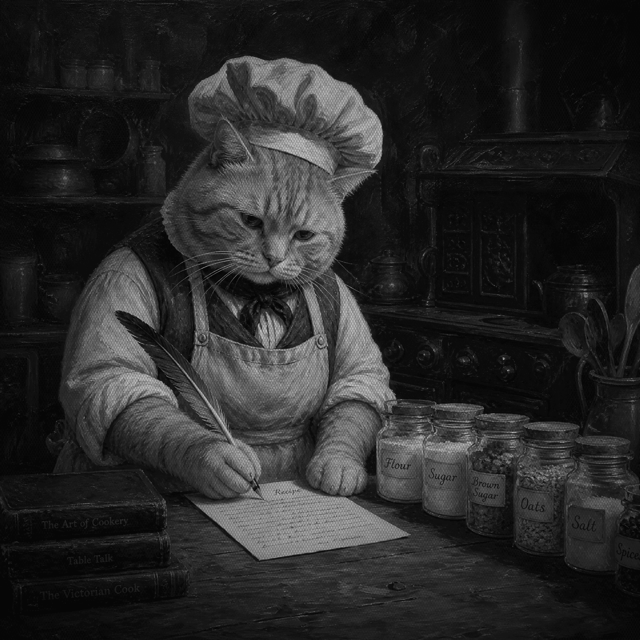 A chunky ginger tabby cat as a Victorian cook, writing a recipe card with a quill beside labelled jars of flour, sugar and oats, with the stove behind it still cold