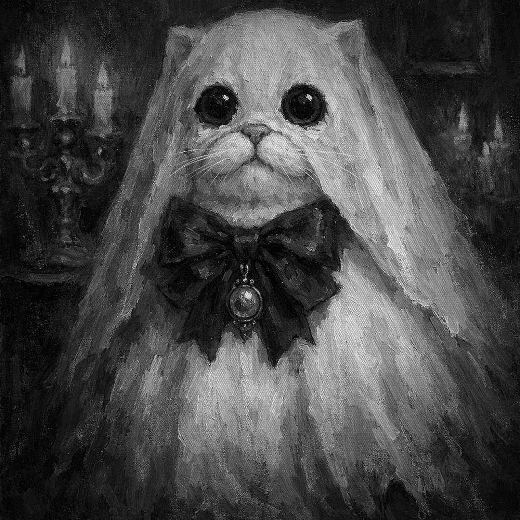 A Victorian fat cat wearing a ghost sheet veil with big dark eyes and a bow, in a spooky candlelit parlor, rendered in halftone grayscale