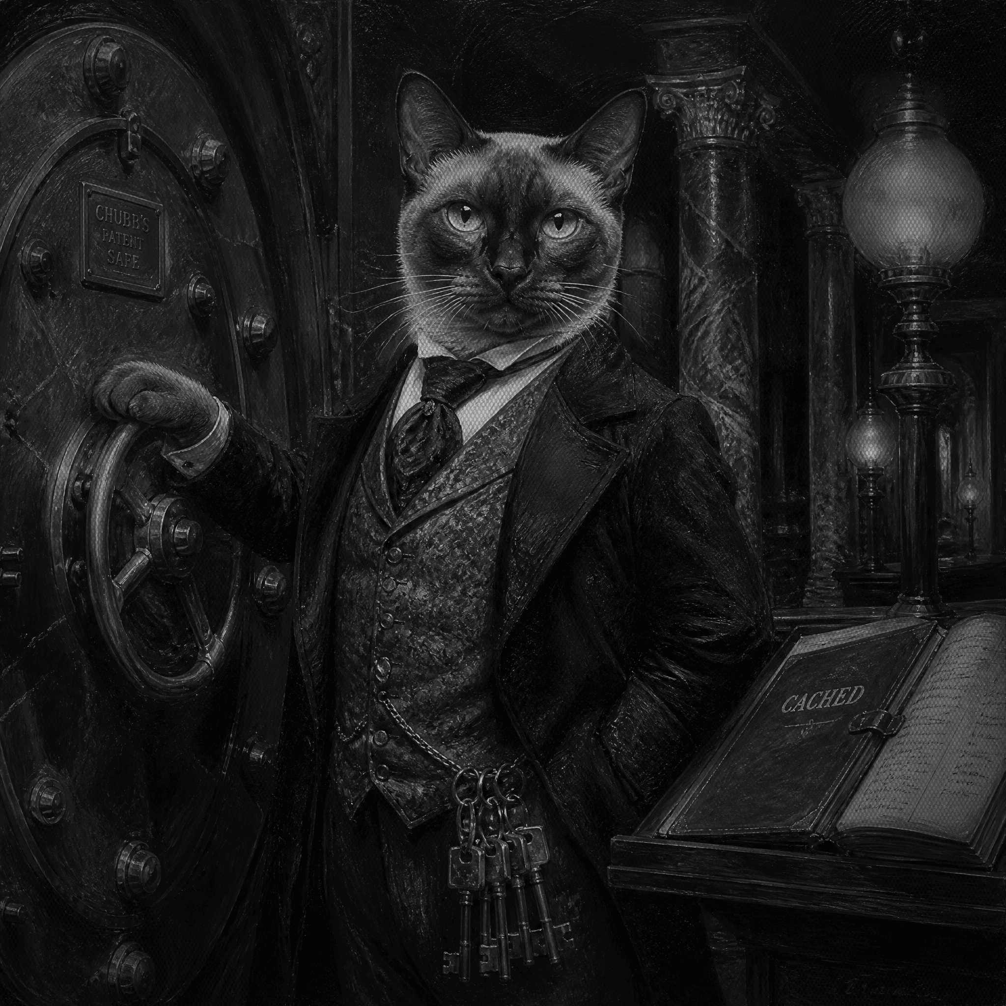 A Tonkinese cat as a Victorian bank vault keeper, one paw on the wheel of a great iron strongroom door, a ring of brass keys at its waistcoat and a ledger stamped CACHED on a lectern