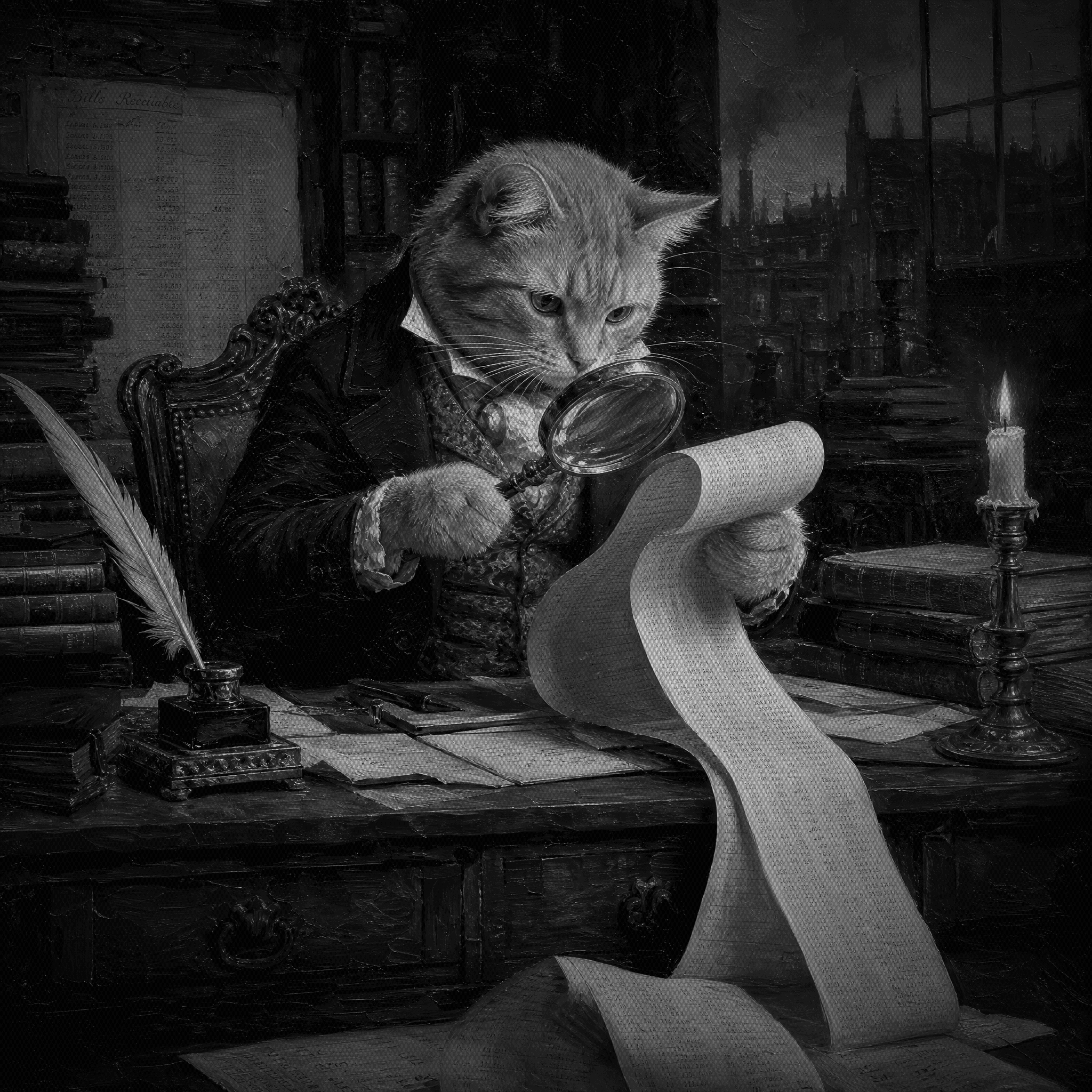 An orange tabby in Victorian dress at a counting-house desk, inspecting a long unrolled ledger of figures through a brass magnifying glass