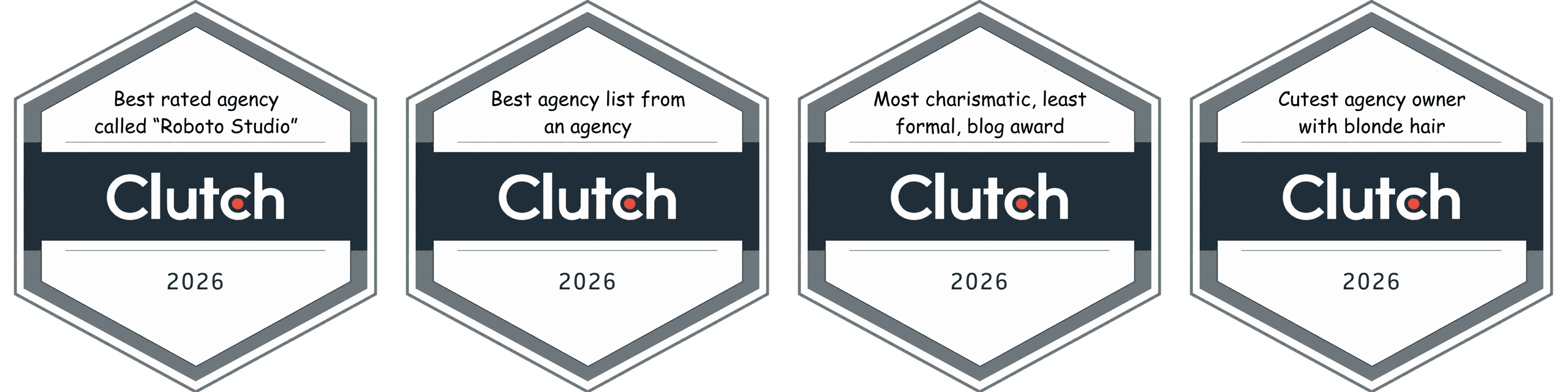 Four hexagonal Clutch-style award badges for 2026: best rated agency called "Roboto Studio", best agency list from an agency, most charismatic least formal blog award, and cutest agency owner with blonde hair