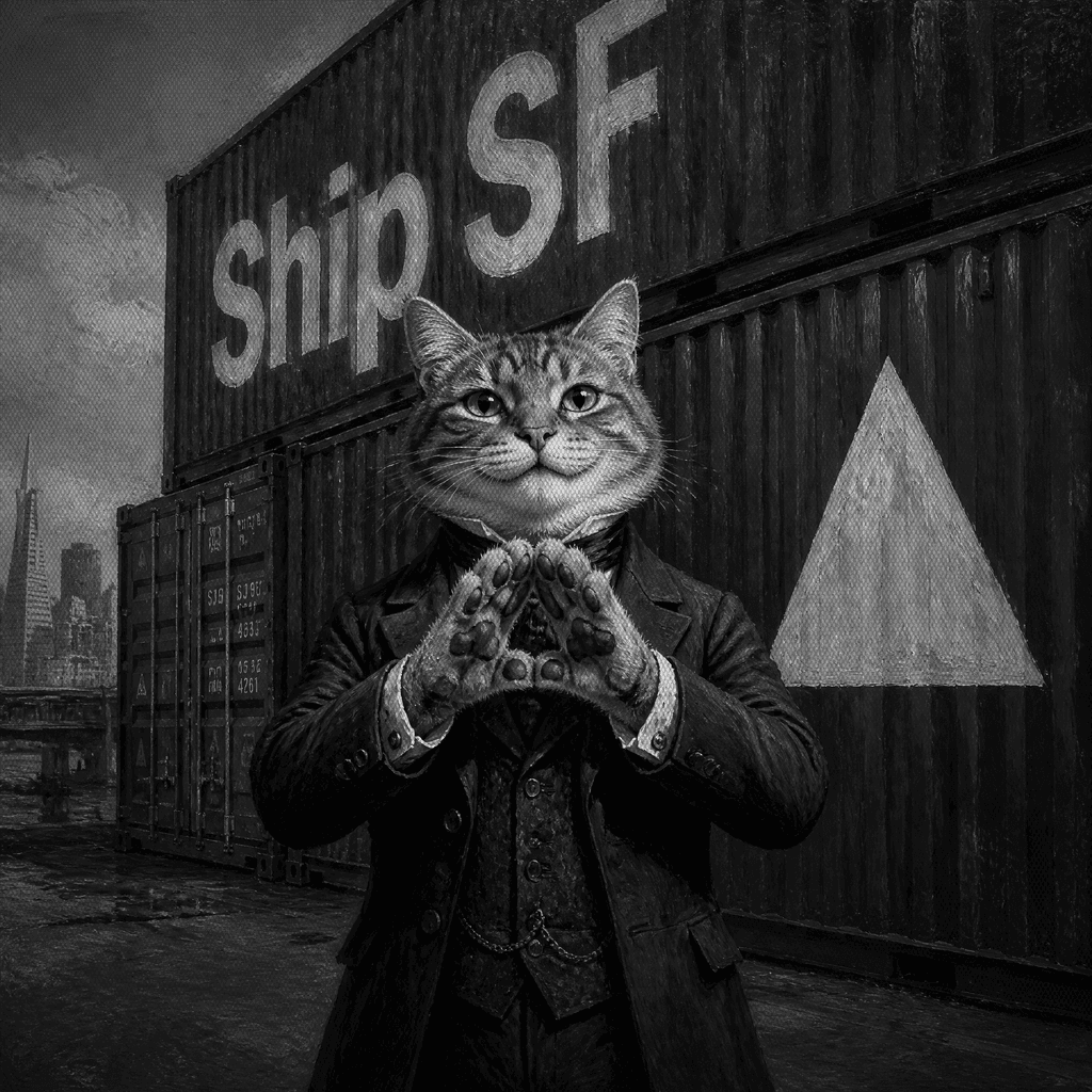 Monochrome halftone painting of a cat in a Victorian frock coat making the Vercel triangle with its paws in front of black shipping containers marked Ship SF