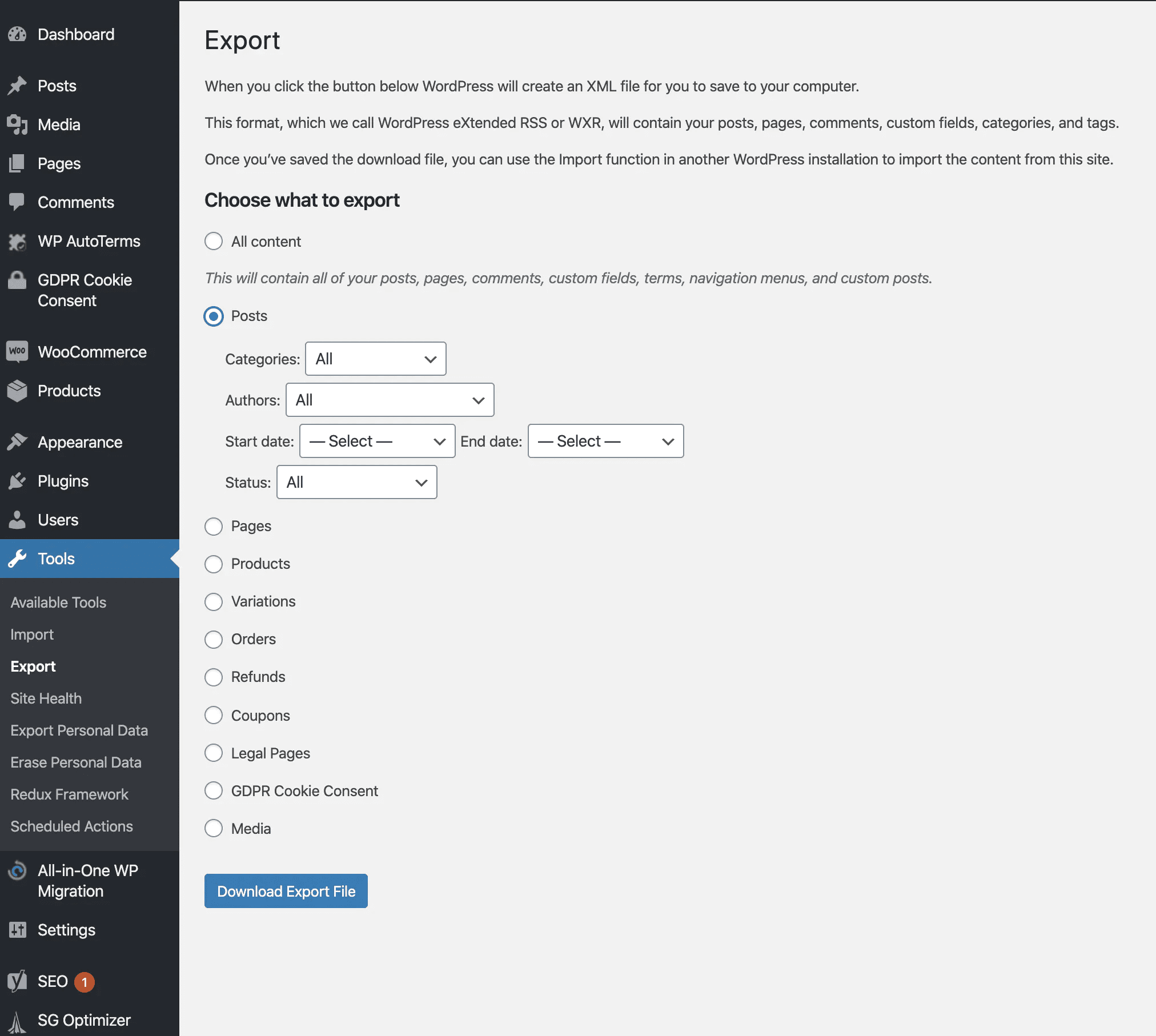 Exporting a WordPress website