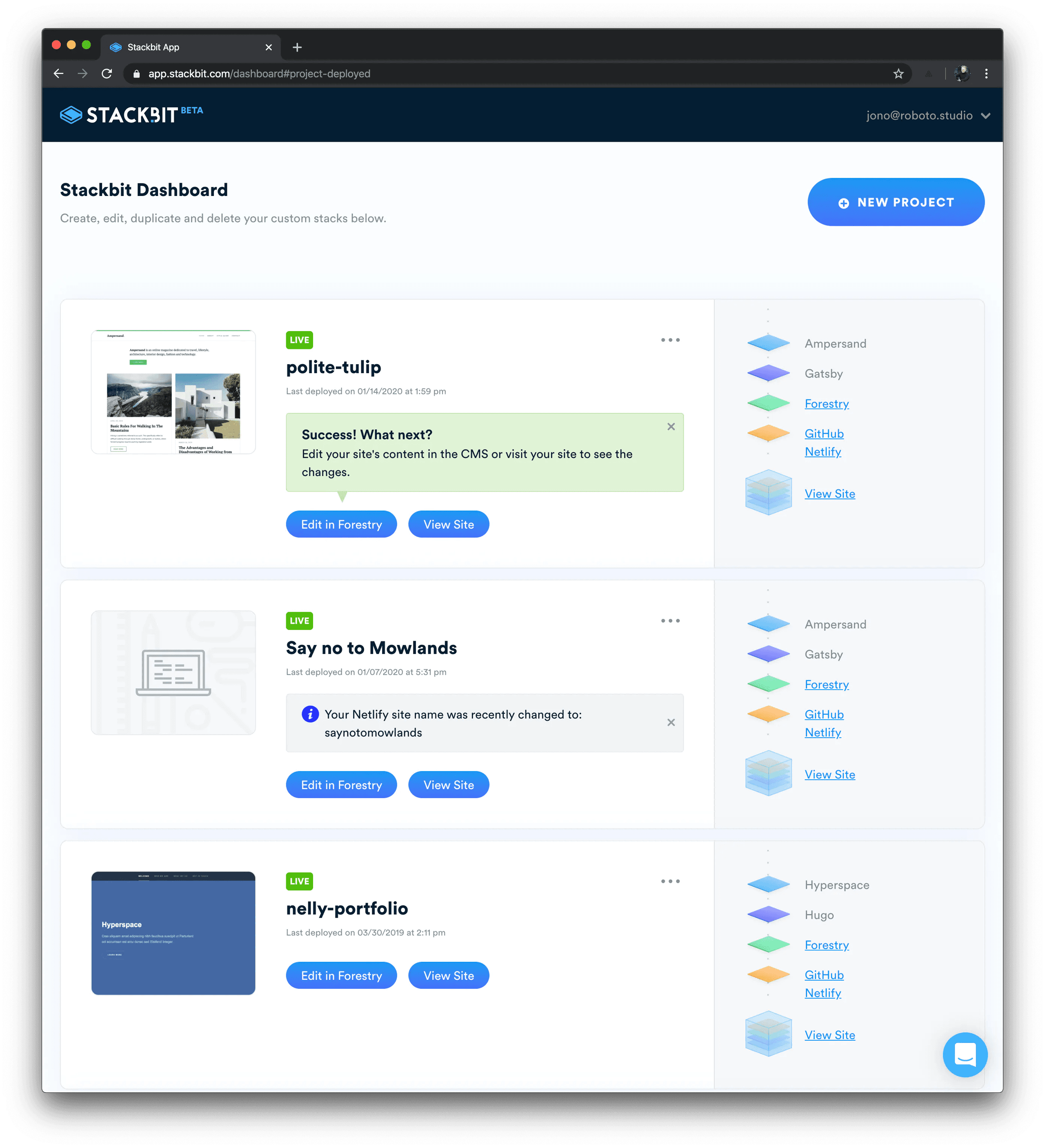 Stackbit dashboard