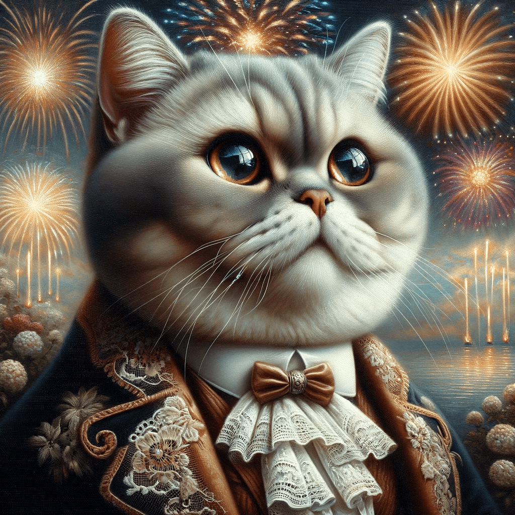 A picture of a chunky British shorthair looking into the sky with a twinkle in his eye for another year