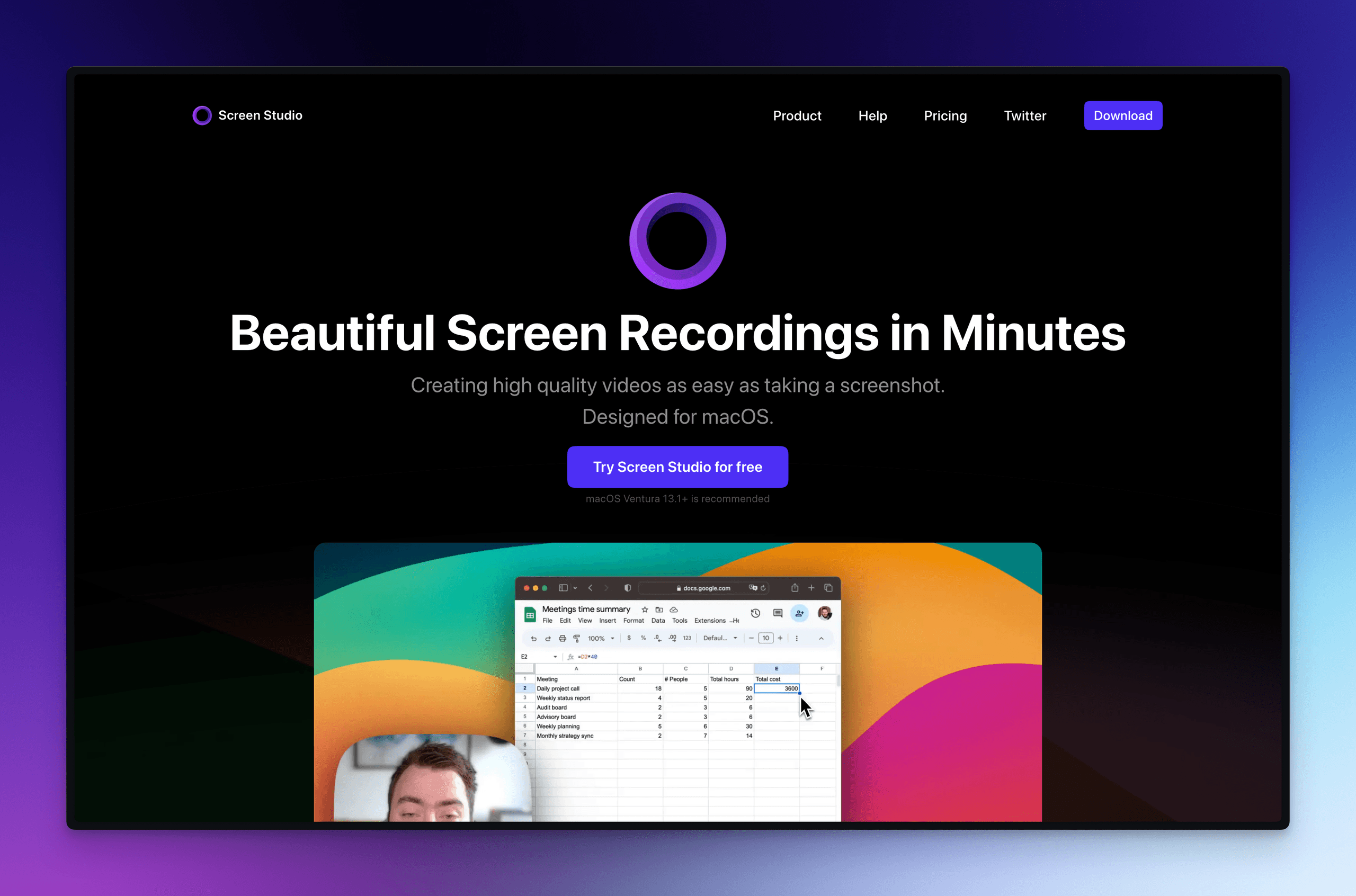 A screenshot of Screen Studio's website