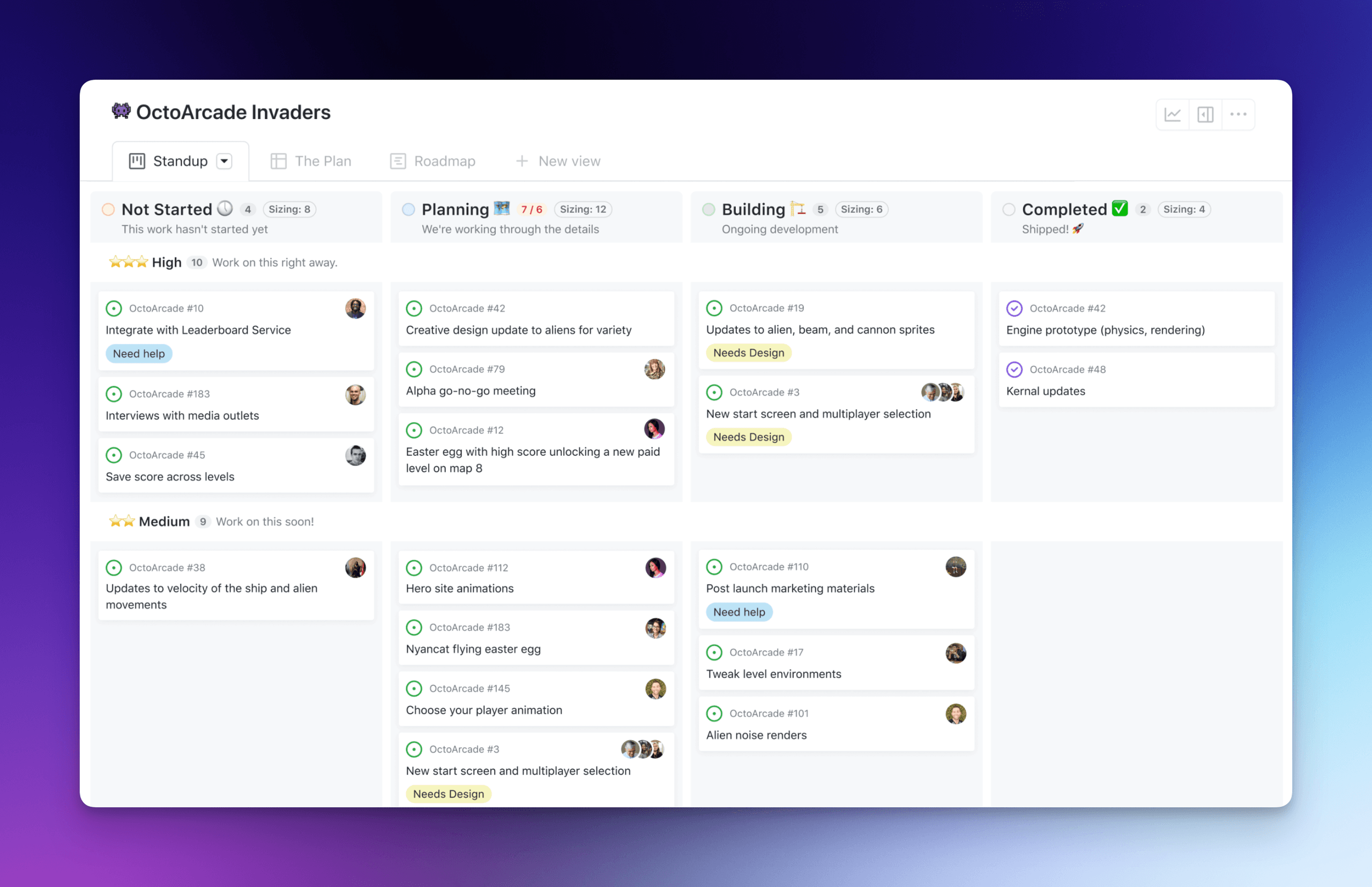 GitHub projects kanban board view, in light mode, however there's actually a dark mode