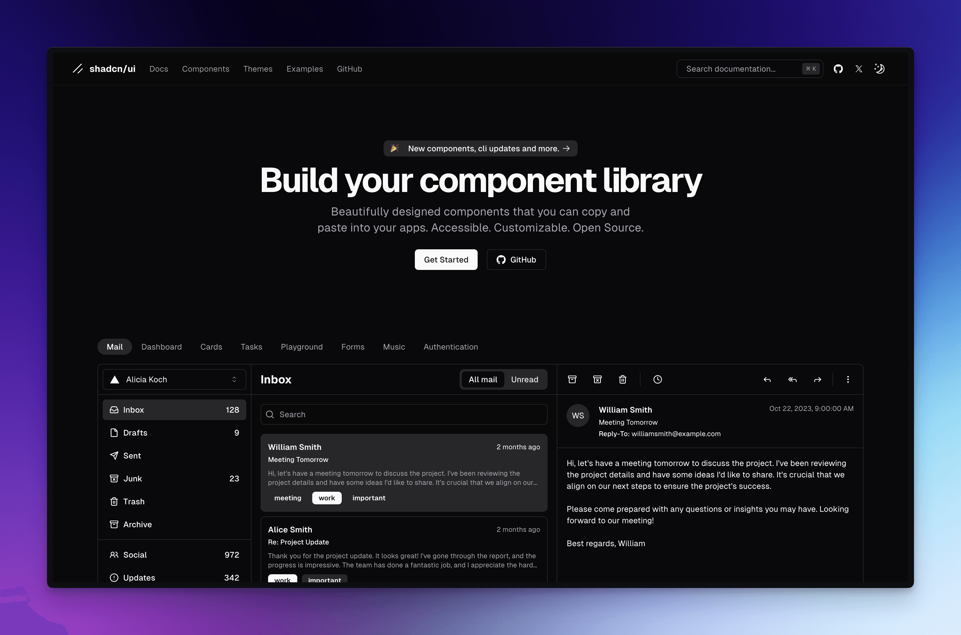 Shadcn/ui fancy new homepage, compete with new components - good on you Shad