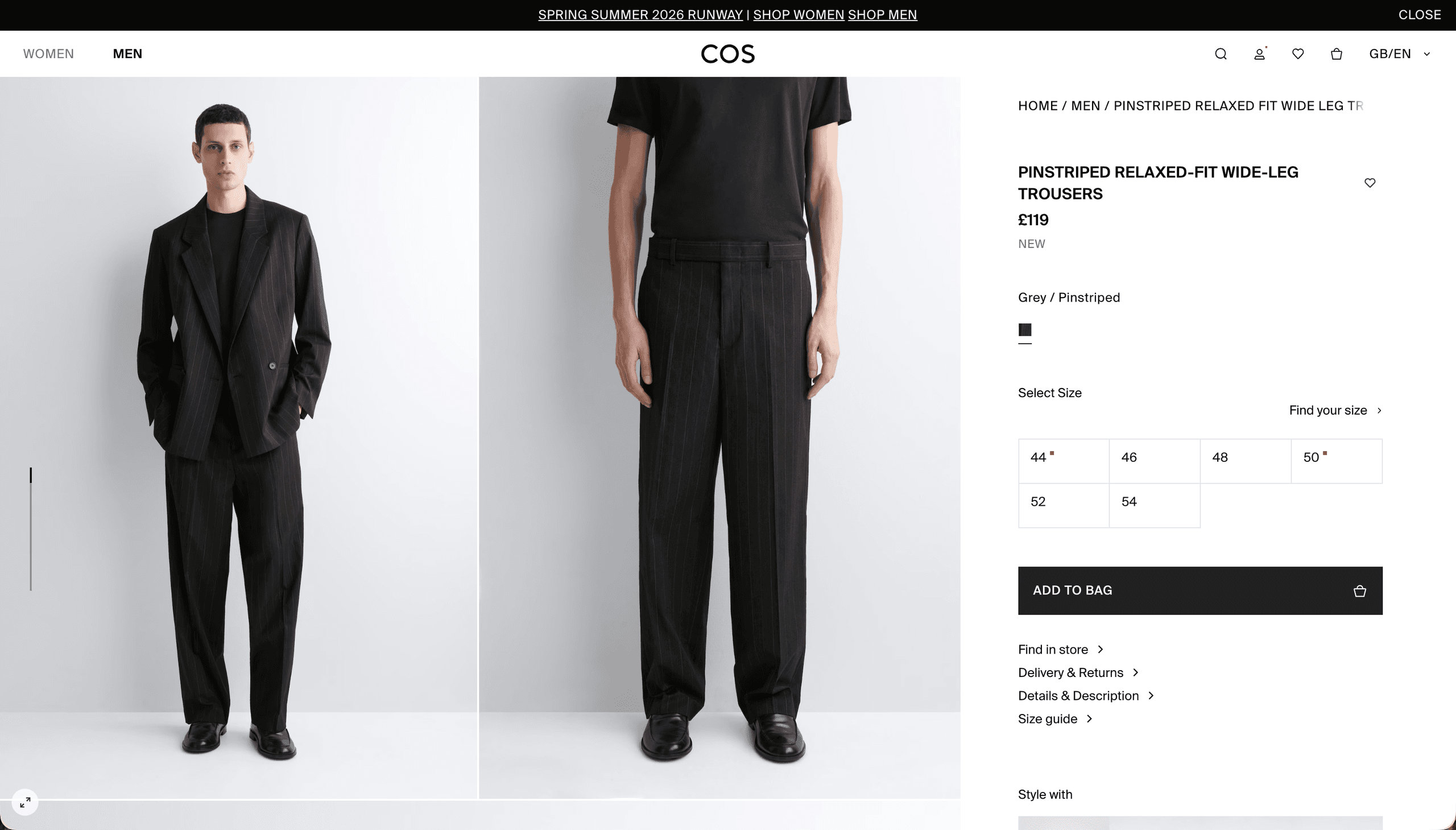 COS product detail page for pinstriped relaxed-fit wide-leg trousers showing size selector, price, and add to bag button