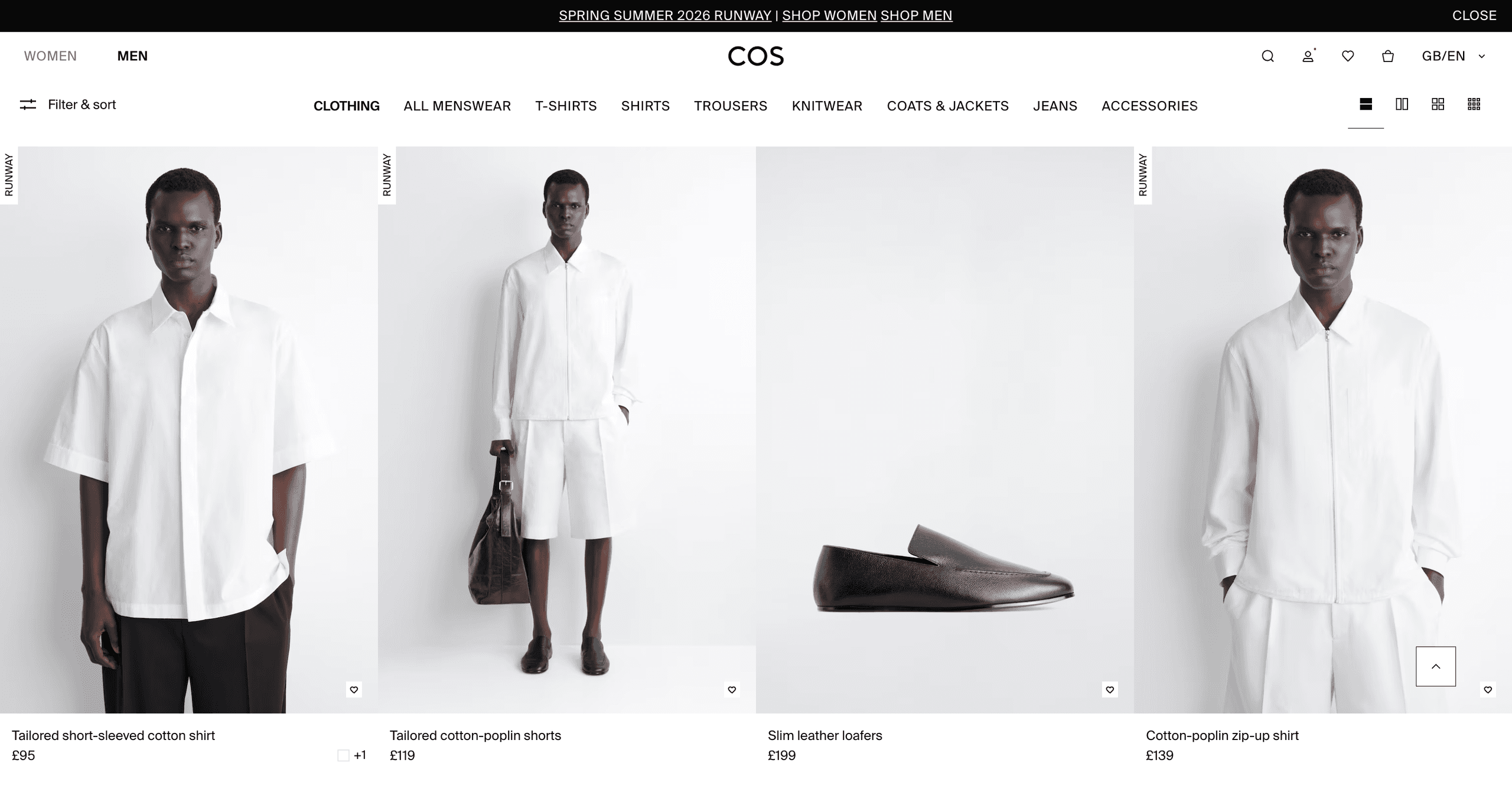 COS menswear product listing page showing tailored shirts, shorts, and loafers with category navigation and filter controls