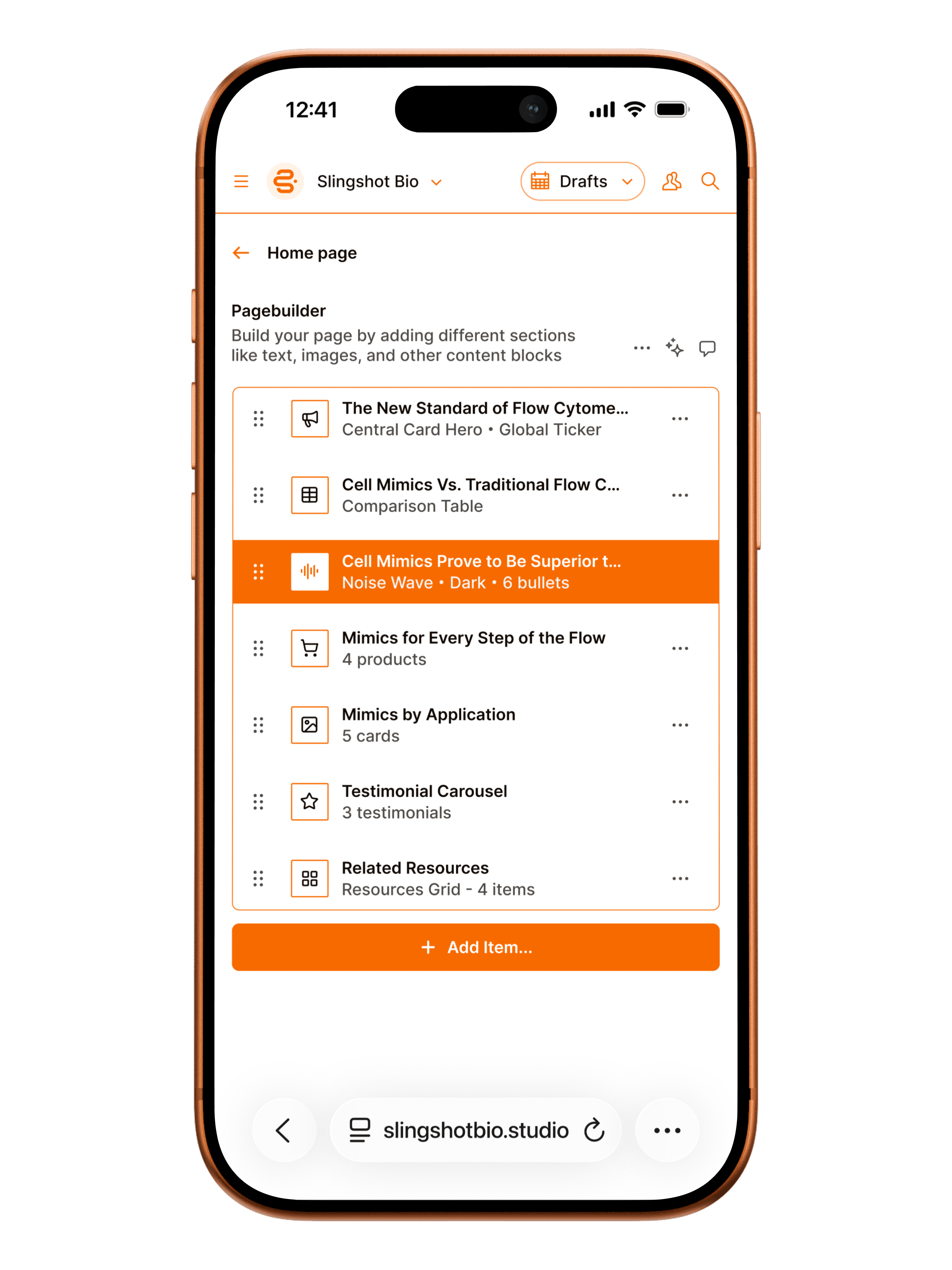 Slingshot Bio Sanity Studio pagebuilder on mobile