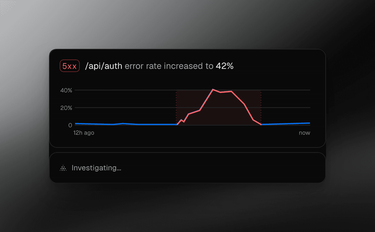Vercel observability agent investigating a spike in /api/auth 5xx error rate